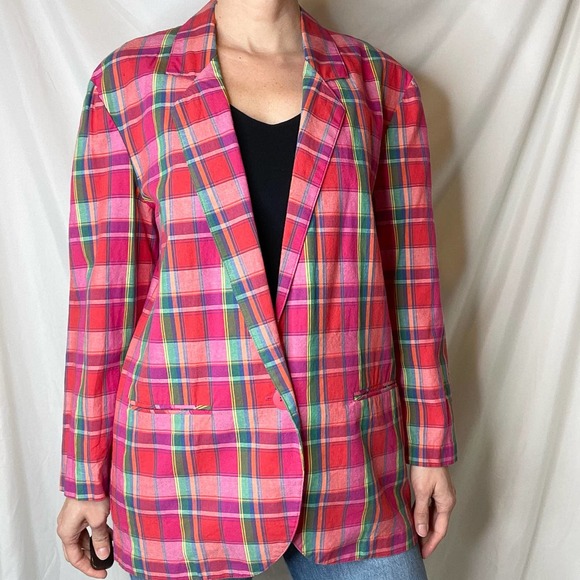 Vintage 90s rainbow plaid single breasted blazer oversized longline colorful M - Picture 10 of 17
